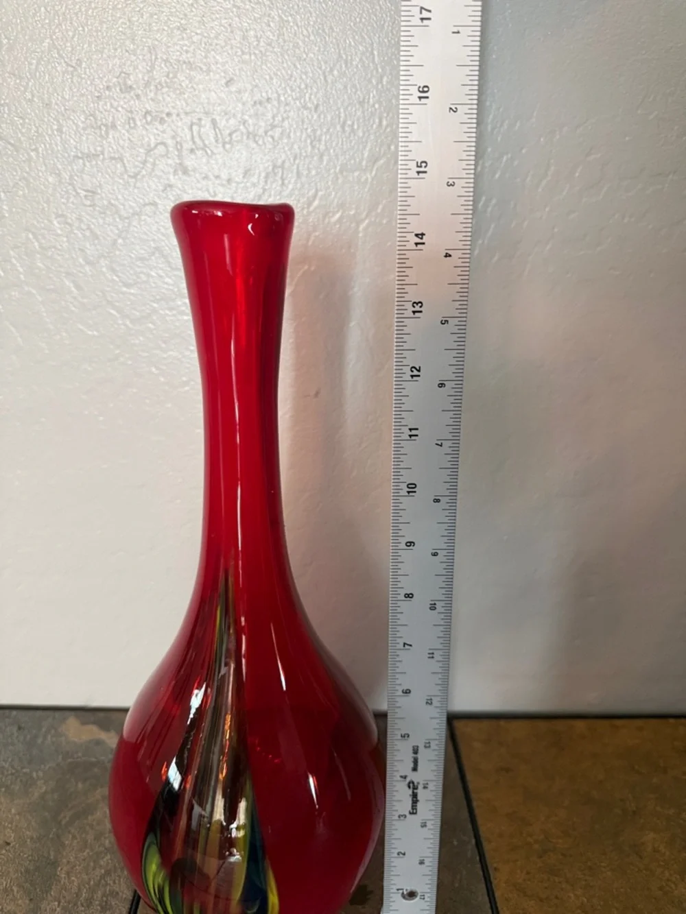 Pier 1 14.5 Red Handblown Glass Bud Vase with Multicolor Teardrop Accent